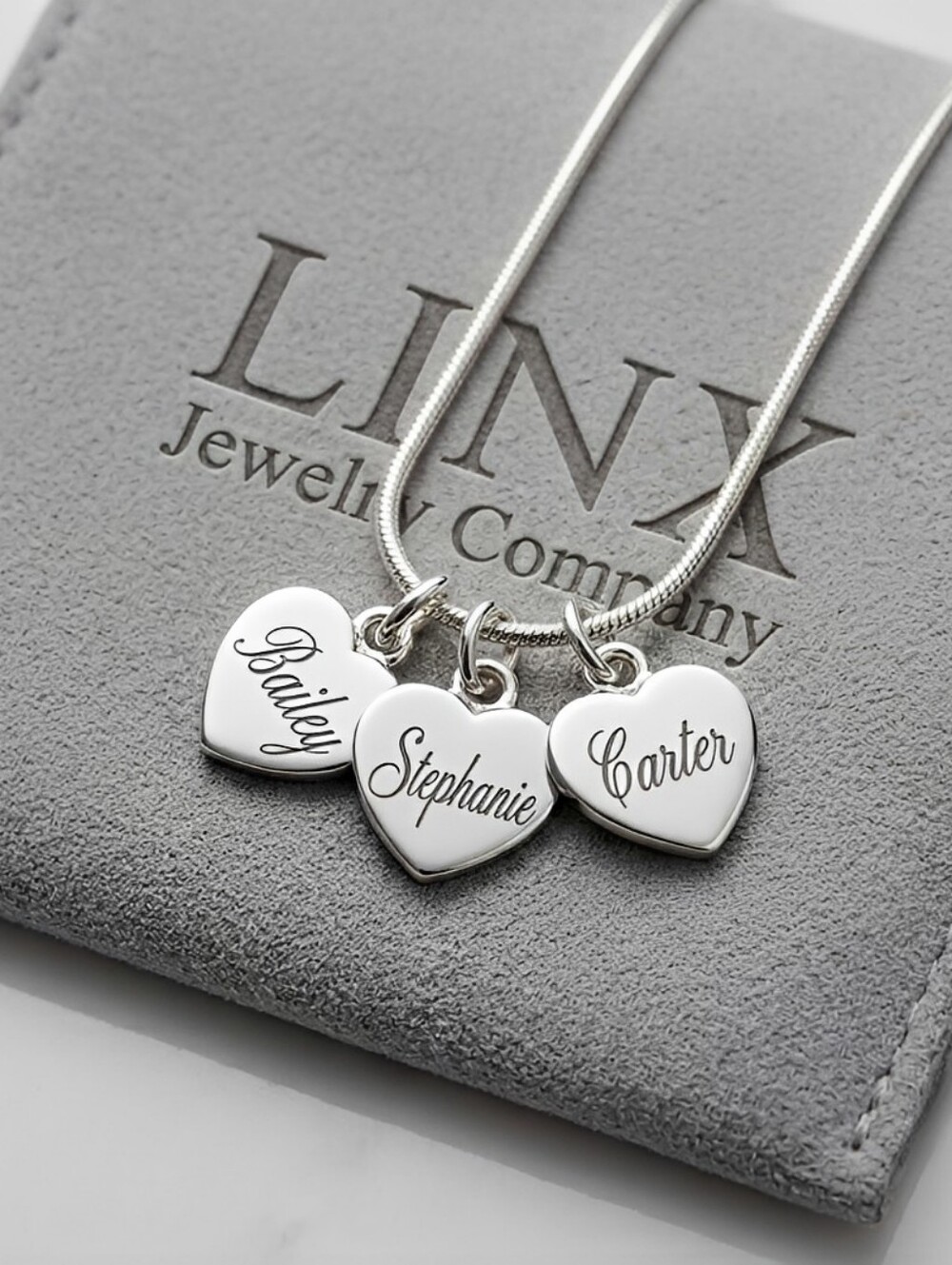 20in Sterling Silver Snake Chain Necklace With Personalized Name Heart Charms